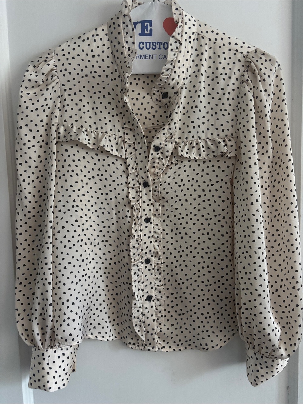 Mango Cream Blouse with Black Dot Print and Ruffle Detail
